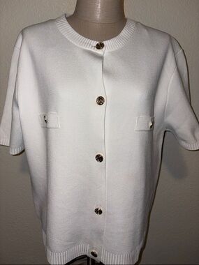 Zara Cream Short-Sleeve Button Front Cardigan with Gold Buttons